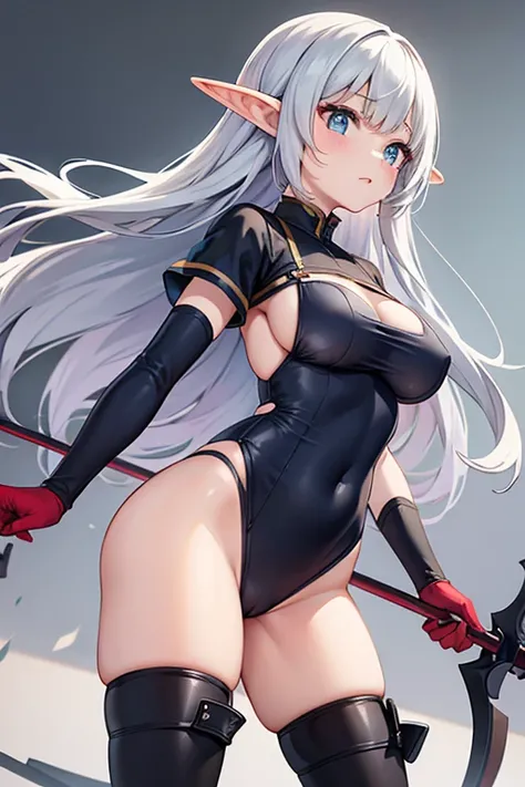 elven girl,silver long hair ,large breast,BREAK,navy polyester leotard,cutout between underboob,black short sleeves,BREAK,boots,red long gloves