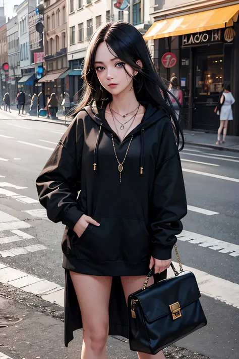 one girl, long black hair, blue eyes, necklace, black hoodie, city background, street, day, sunshine, good lighting, 8k, high resolutions.