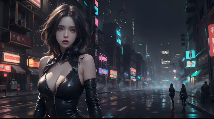 1 policeman,Solo，(3D realistic), Cold，mediuml breasts,(cleavage)，tight leather clothes，cropped shoulders， hyper HD, 8K，dramatics，（Mid-range portrait），looking to the camera，The city of the future，street corner，the night，Sateen，volume fog，steamy，cyber punk p...