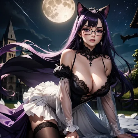 une femme adulte avec des lunettes dans un parc , Black wedding dress with sleeves, Robe moulante, robe près du corps, black wedding viel, Lolita , gothiques, long Dress, Bending in front of camera , cat ears, white stockings, Dark and purple hair, cheveux...