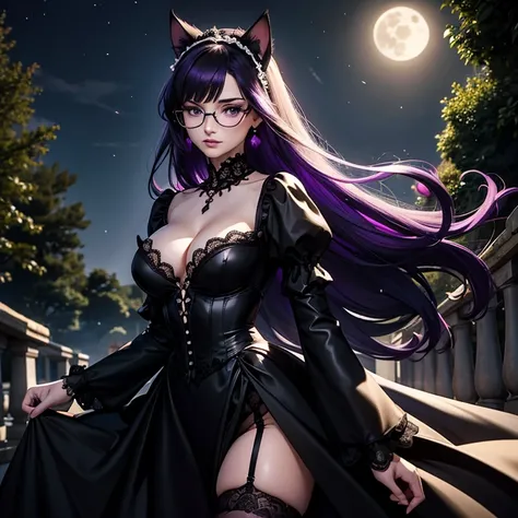 une femme adulte avec des lunettes dans un parc , Black wedding dress with sleeves, Robe moulante, robe près du corps, black wedding viel, Lolita , gothiques, long Dress, Bending in front of camera , cat ears, white stockings, Dark and purple hair, cheveux...