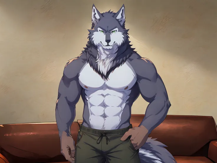 Best quality, Solo, Shoichi Urata, Furry Wolf, Dark Fur, Green eyes, Medium Muscular Body, Handsome, Good Looking, Shirtless, Short Pants, Cool Pose, Fierce, Smiling, Livingroom background