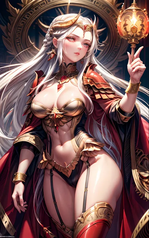 empress Edelgard standing with one foot on thrown, full decorative red and gold armor, red cape with collar, armored cape, jeweled armor, jeweled golden crown, decorative crown, crown with ram horns, short armored skirt, (((Multicolor Hair, [White Hair])))...