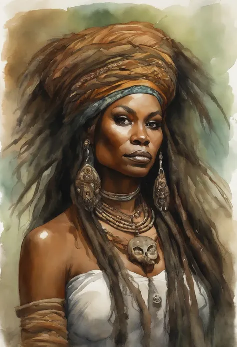 ((Masterpiece:1.4, Best quality:1.2)), Voodoo priestess, marshes, dreadlocks, skulls, Artwork portrait, adam hughes, Sexy,