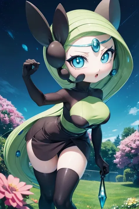 (best quality, 4k, 8k, high resolution, masterpiece: 1.2), (ultra detailed), (anime style), 1girl, meloetta, pokemon (creature), mobface, blue eyes, chibi, :D, full body, black dress, green waist, (garden at night), (mystical glow all around), portraits, a...