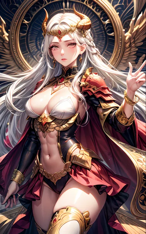 empress Edelgard leaping through the air, thrown in background, stain glass in background, centered framing, surreal background, full decorative red and gold armor, red cape with collar, armored cape, jeweled armor, jeweled golden crown, decorative crown, ...