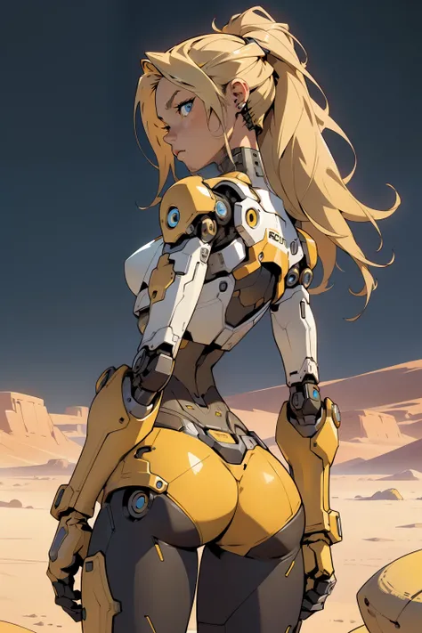 high quality, 4k, masterpiece, beautiful, cyborg girl, cowboy shot, dull eyes, back side, turning around to look at viewer, long blonde hair, girl, small breasts, fit thigh, robotic arms, robotic body, cyborg body, yellow accent, redaccent, intricate detai...