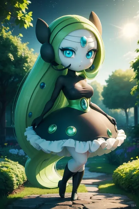 (best quality, 4k, 8k, high resolution, masterpiece: 1.2), (ultra detailed), (anime style), 1girl, meloetta, pokemon (creature), mobface, blue eyes, chibi, :D, full body, black dress, green waist, (garden at night), (mystical glow all around), portraits, a...