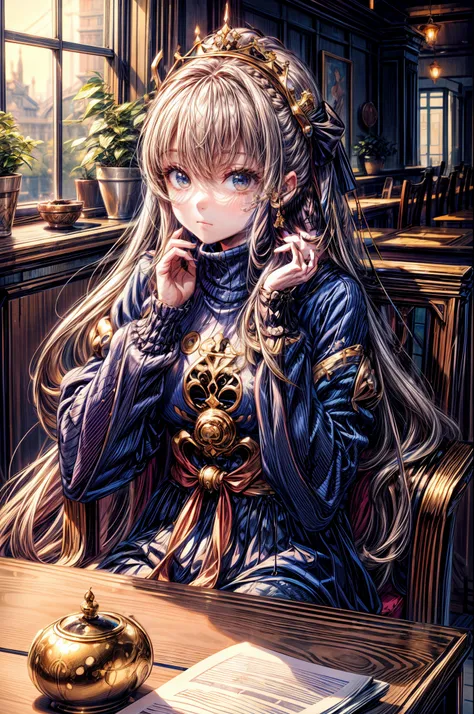 masutepiece, Best Quality,A queen, 1girl in, Solo, Long hair, window, Sitting, Indoors, The table, sleeves past wrists, cafes, Hair Bow, head rest, Closed mouth, Blue sweater, Upper body