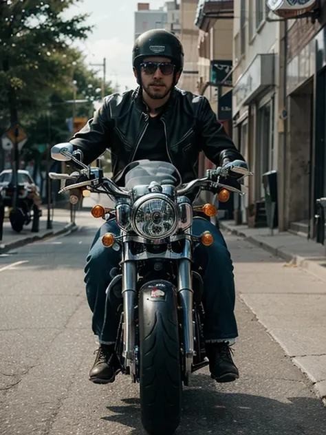 Illustrate a scene of a man confidently riding a Harley Davidson bike, adorned in a stylish biker kit and attire. Capture the essence of td he open road and the cool demeanor of the rider as he cruises with a sense of freedom.front view