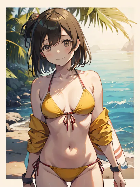 (masutepiece, Best Quality:1.2), Cowboy Shot, Solo, 1girl in, Hiryū, Smile, Looking at Viewer, Yellow Bikini、The lower body is a sideline bikini、ｍOne side up, , partially fingerless gloves、Facing the front