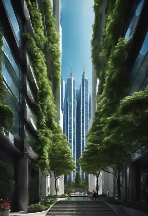 City, scenery, Tall buildings, White, Blue, day, Great lighting, Masterpiece, Futuristic, Greenery, green trees