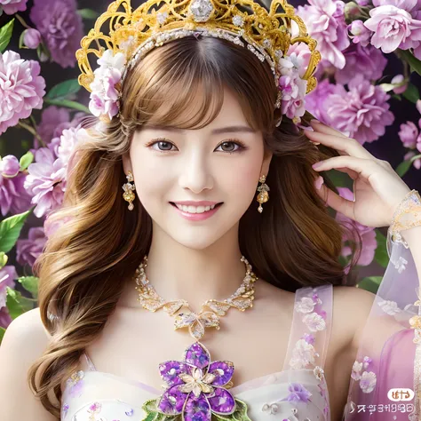 tmasterpiece，Highest high resolution，((((Bow your head and smile))))，Dynamic avatar of a beautiful aristocratic girl，Golden hair is gracefully curled，（((Wearing a crown of huge flowers、jewely，Diamond necklace)))，Purple clear eyes，(((Hair is covered with be...