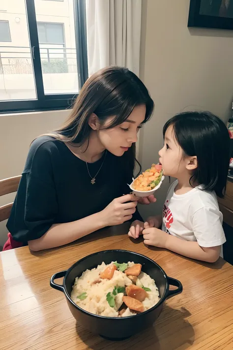 There is a woman preparing food at the table，A child is eating secretly