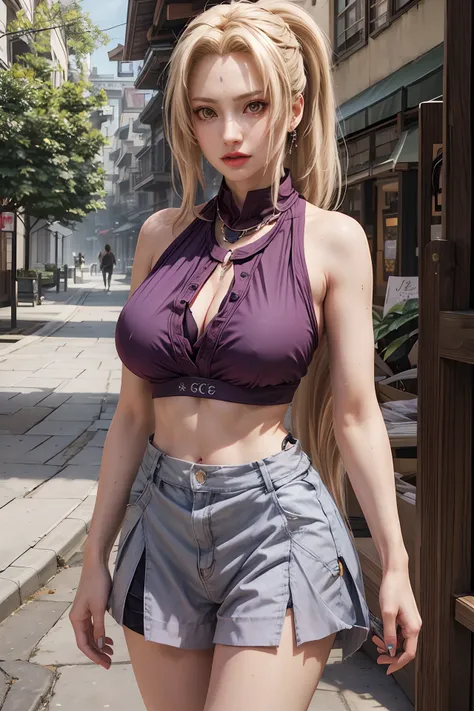 realistic, 1girls, Tsunade, best quality, 12k, HD, long hair, big round breasts, cleavage, ponytail, necklace, jewelry, shorts, slim hips, hair band, yellow eyes, yellow hair, super detailed, Eye details , hair details, person details, mouth details, face ...