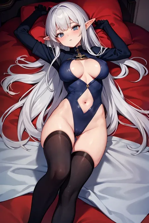 elven girl,sleeping,silver long hair ,large breast,BREAK,navy polyester leotard,cutout between underboob,black short sleeves,BREAK,boots,red long gloves