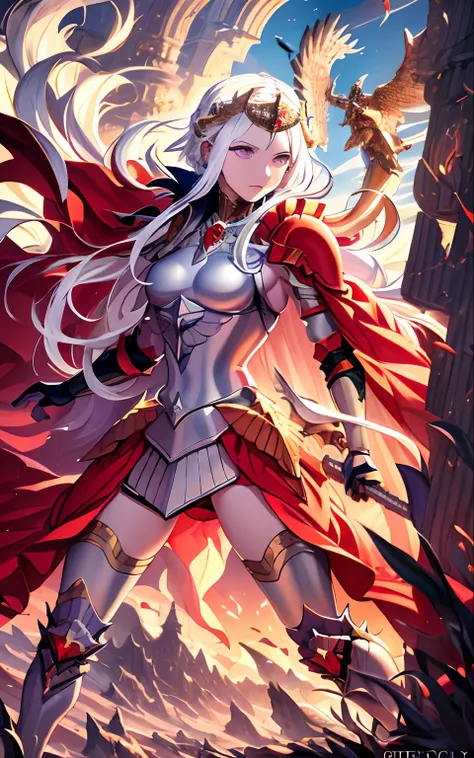 edelgard in full decorative armor flying through sky with axe held across body, golden axe preparing to slash, surreal backgroun...