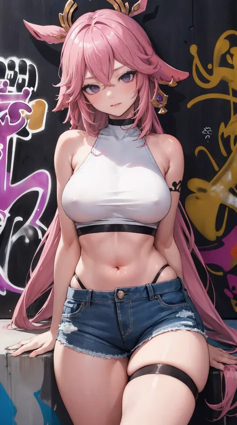 Yae Miko|genshin impact, master-piece, bestquality, 1girls, 25 years old, proportional body, elongated legs, proportional., crop top, Long Jeans, mediuml breasts, ,bara, crop top, choker, (Graffiti:1.5), Splash with purple lightning pattern., arm behind ba...