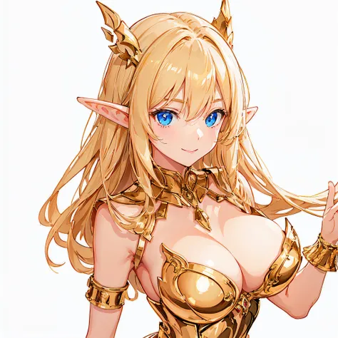 ​masterpiece、top-quality、ighly detailed、hight resolution、１６ｋ、fullnude、teats、Boob proportions、golden armour、Very thin skirt、Full body like、Very white skin、Beautiful fingers、Anime girl with very big breasts posing naked、Perfect Style、elvish、no-bra、Blonde blu...