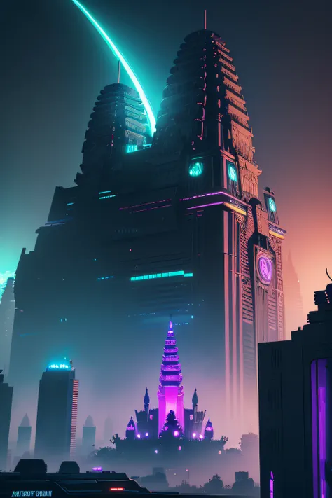 Angkor Wat with a futuristic style, cyberpunk, neon light, future city background, 8k, high quality,