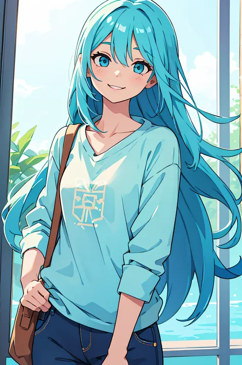 girl with long blue aqua hair, her clothes are casual, she smiles softly