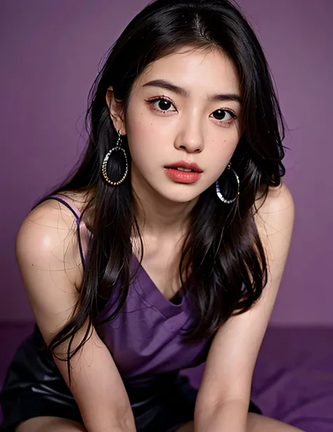 1girl in, 175 cm,Korean model, 23 years old,Soft body, Black hair, Wavy Hair,Whole body, Hair reaches the waist, Whole body,((From head to foot)),black bracelets,Black Chain,((Purple skirt)), Black Tall Boots,Large earrings,close-up, 8K, Raw photo, Best Qu...