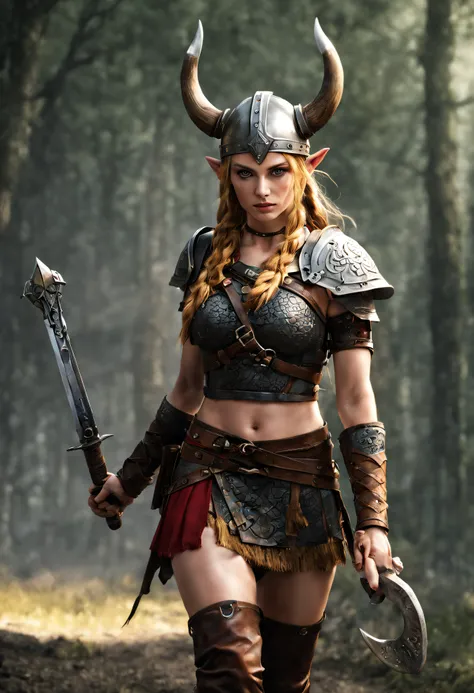 (cuerpo completo), guerrera vikinga, bellisima de ojos verdosos, con sus trenzas rubias largas, su casco de hierro y su correaje y protectores de metal, que dejan entrever un vestido sucio y rasgado con su minifalda sexy, By the heat of battle he finds him...