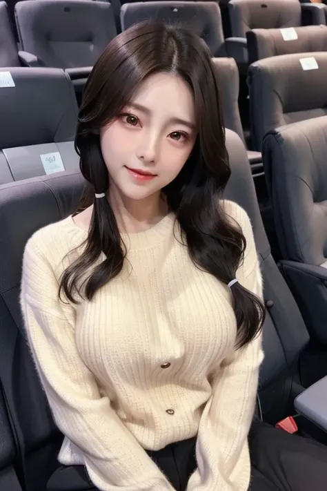 Pretty korean girl, sexy, aunt, big breast, (w cup), long ponytail hair, face happy, full body, sitting, in cinema, age 33 years,(very-very detailed face,mouth,nose,eyes,and full body),sweater suit