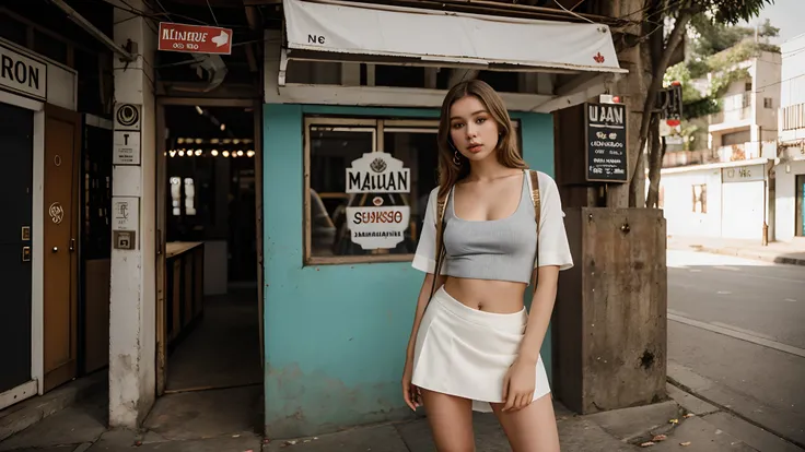 Theres a young woman in a short skintight skirt posing for a photo, Retrato Sophie Mudd, olhar sexy, posando em uma rua urbana, encostado na porta, Cerveja Madison, Pose casual, pose nsfw, sexy, vestido com camisa branca, Anna Nikonova aka Newmilky, solo p...