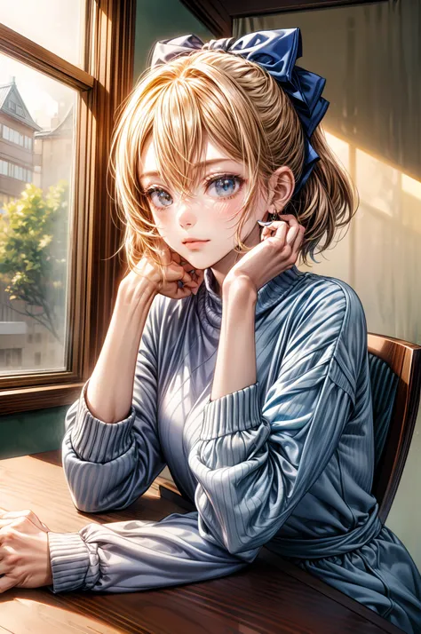 masutepiece, Best Quality, 1girl in, Solo, Medium Hair, window, Sitting, Indoors, The table, sleeves past wrists, cafes, Hair Bow, head rest, Closed mouth, Blue sweater, Upper body, (Perfect Anatomy:1.2)