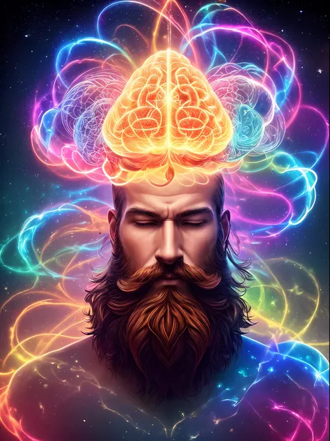 (Best Quality, Ultra-detailed, Realistic:1.37), colorful telepathic brain waves, man with beard, Bright Energy, Flowing in the air, complex neural structures, glowing brain, Vivid colors, Ethereal light, Mesmerizing colors, intricate details, harmonious co...