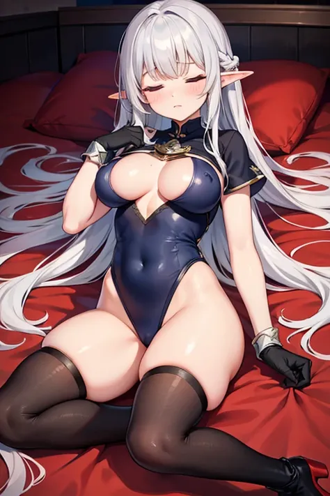 elven girl,calm sleeping,closed eyes,silver long hair ,large breast,BREAK,navy polyester leotard,cutout between underboob,black short sleeves,BREAK,boots,red long gloves