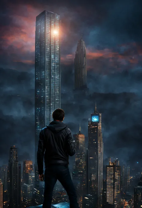 In a bustling cyberpunk city, as night falls, electronic screens flicker throughout every home and futuristic skyscrapers and streets become uniquely illuminated. In the midst of this dazzling scenery, a man looks up at the starry sky . todo lleno de imagi...