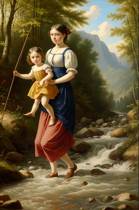 a beautiful girl carries her little sister behind her back through a mountain stream wading, a basket with ripe strawberries on her arm, hot sunny day, 19th century (by Anton Dieffenbach), fresh oil palette canvas/acrylic, intricate, extreme detail, comple...