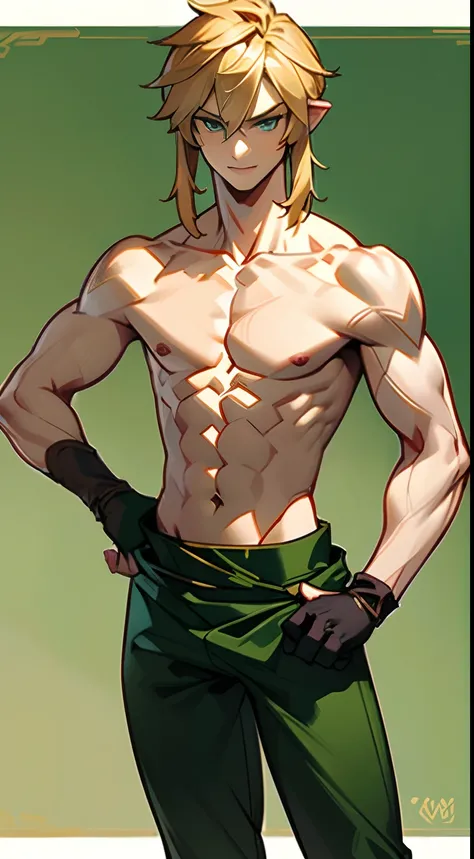 blond, tall, green-eyed guy, viking style, russian hero style, strong,  anime style, anime  , link, ( short gloves), standing, (topless:1.3), demigod , (muscular:0.3),(sport:0.2), (empty dojo),(smiling:0.5), (dominant),(evil:0.6)(confident)(sadistic)(adult...