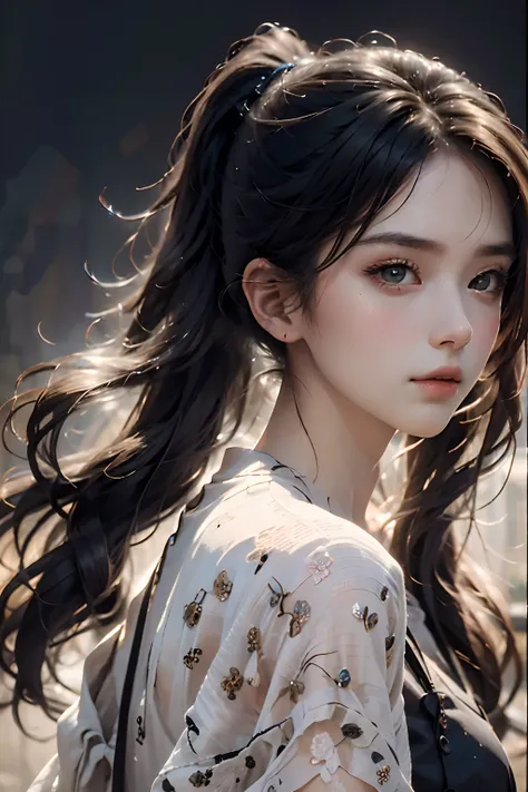 Verism, chiaroscuro, drop shadow, UHD, masterpiece, anatomically correct, textured skin, high details, high quality, highres, best quality, 5-year-old girl, beautiful detailed face, short ponytail, half body shot,