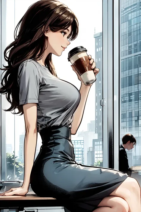 1lady sitting, holding a coffee cup, office worker outfit, mature female, /(brown hair/) bangs, light smile, (masterpiece best quality:1.2) delicate illustration ultra-detailed BREAK /(modern office indoors/), window