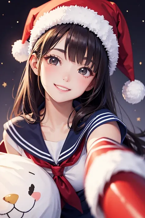 Smiling dark-haired girl in sailor suit with Santa Claus hat