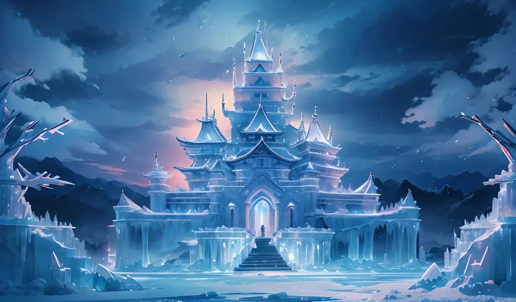 masterpiece, concept art, centered, photography, wide shot, ice world, ice sculpture of Japanese castle made of ice, cold, winter, night, (epic composition, epic proportion), HD