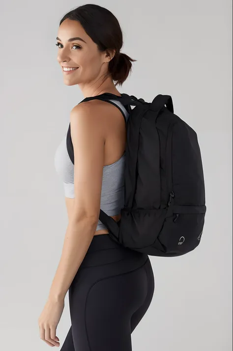 A woman in a sports bra top and black pants carrying a black backpack, com uma mochila, uma mochila, Minimalista moderno f 2 0 limpo, mochila, Minimalista moderno F 2 0, F / 2 0, o homem tem uma mochila, saco sobre a cintura, F32, f 3 2, F / 3 2, por Randy...