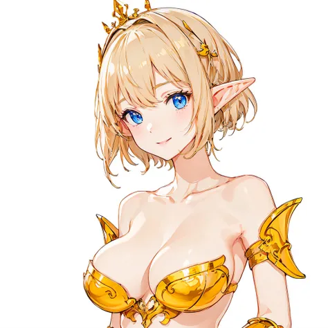 ​masterpiece、top-quality、ighly detailed、hight resolution、１６ｋ、fullnude、teats、Boob proportions、golden armour、Very thin skirt、Full body like、Very white skin、Beautiful fingers、Anime girl with very big breasts posing naked、Perfect Style、elvish、no-bra、Blonde blu...