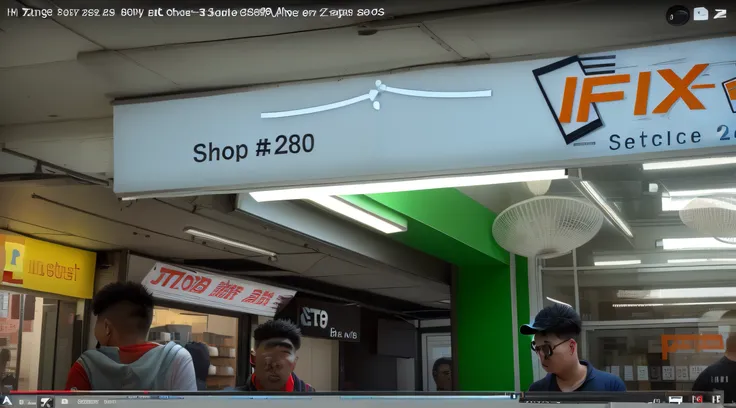 there are people standing in front of a store with a sign, youtube video screenshot, video still, wide screenshot, with subtitles, 360, shot on nikon z9, taken in 2022, 480p, 4 8 0 p, reddit post, 2 0 5 6, shot with canon eoa 6 d mark ii, 3 6 0 p