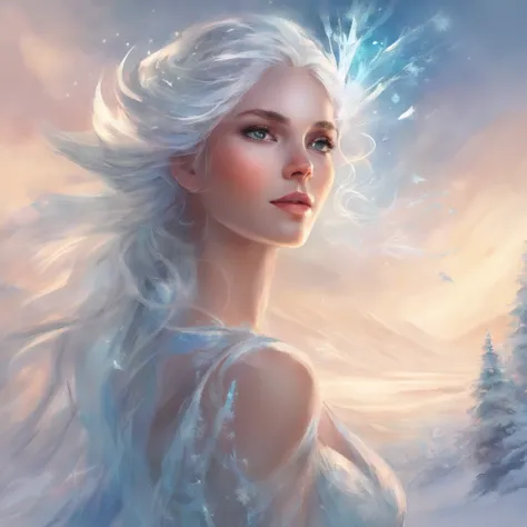 Portrait of a Young Woman, ice princess, with big ice crystals and snow in her hair, cool winter colors, brush stroke painting, ultra-offers HD quality