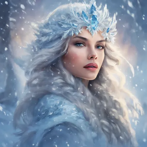 Portrait of a Young Woman, ice princess, with big ice crystals and snow in her hair, cool winter colors, brush stroke painting, ultra-offers HD quality