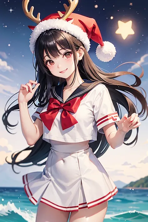 A smiling black-haired girl in a white sailor suit wearing a Santa Claus hat with reindeer antlers