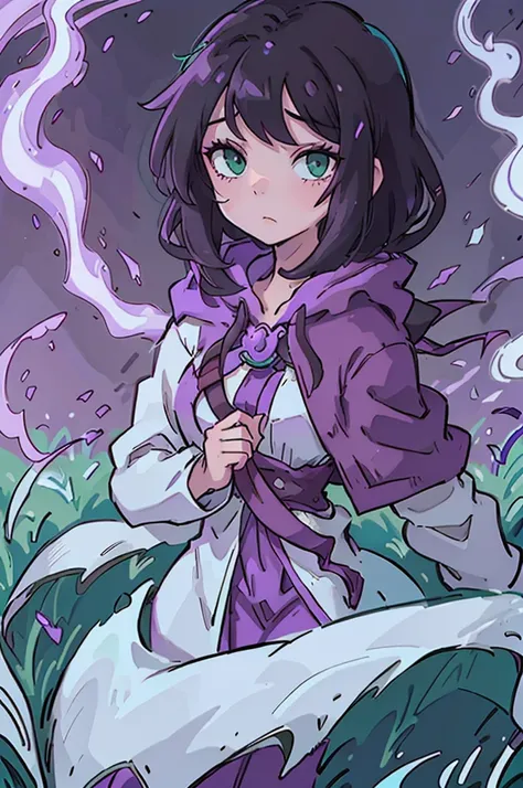 Woman necromancer mage, black hair, white skin, green eyes, kind look, wears purple robes with a hood, in the background there is a beautiful meadow.