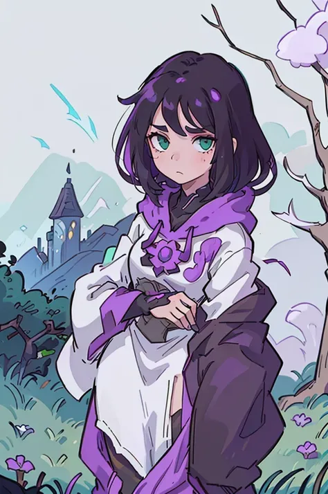 Woman necromancer mage, black hair, white skin, green eyes, kind look, wears purple robes with a hood, in the background there is a beautiful meadow.