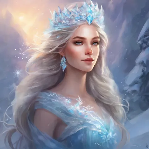 Portrait of a Young Woman, ice princess, with big ice crystals and snow in her hair, cool winter colors, brush stroke painting, ultra-offers HD quality