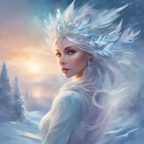 Portrait of a Young Woman, ice princess, with big ice crystals and snow in her hair, cool winter colors, brush stroke painting, ultra-offers HD quality