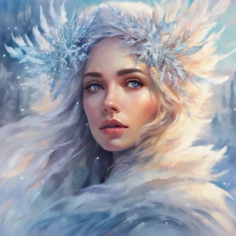 Portrait of a Young Woman, ice princess, with big ice crystals and snow in her hair, cool winter colors, brush stroke painting, ultra-offers HD quality